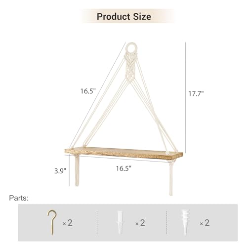 Mkono Macrame Hanging Shelves Boho Wall Decor Set of 2 Floating Wood Shelf | Cute Room Decor for Teen Girls Display Storage Shelves for Hanging Plant Photos Fit Bedroom Bathroom Living Room Nursery Dorm