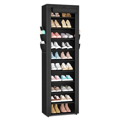 VTRIN Vertical Narrow Shoe Rack Organizer 10 Tier Tall Shoe Shelf Holds 20-22 Pairs with Non-Woven Dustproof Cover for Closet, Entryway Black