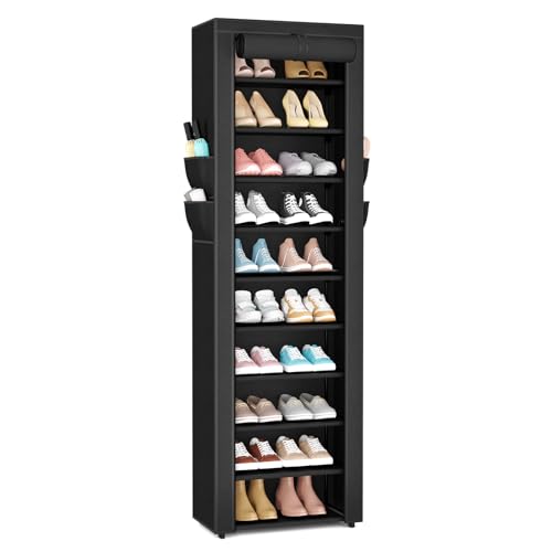 VTRIN Vertical Narrow Shoe Rack Organizer 10 Tier Tall Shoe Shelf Holds 20-22 Pairs with Non-Woven Dustproof Cover for Closet, Entryway Black
