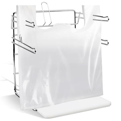 Bag Holder Stand for Plastic Bags – 15.7”Wx12.4”Dx... (White,Chrome | Metal)