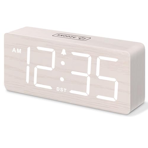 DreamSky Wooden Digital Alarm Clock for Bedroom with Large Numbers | Desk Clock for Living Room Office, Loud Alarm for Heavy Sleepers Adults, Volume Control, Dimmer, DST, Wood Decor (Plug-in)