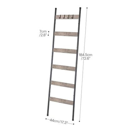 HOOBRO Blanket Ladder, 6-Tier Towel Rack with Hooks, Wall-Leaning Blanket Rack, Decorative Display Ladder Shelf, Scarves, Industrial, Living Room, Bedroom, Black and Greige BG66CJ01