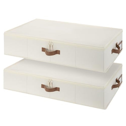 StorageWorks Underbed Storage Containers with Lids, 2-Pack 6" Low Profile Under Bed Organizers for Clothes, Bedding and Sweaters, 53L Large Fabric Storage Bins, Foldable Space Saving, Beige