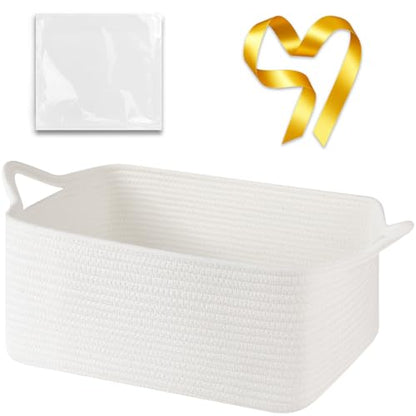 OIASKET Large Empty Cotton Rope Gift Basket with Handles, 16.5"x12.6"x7" Decorative Woven Storage Basket with Gift Bag and Ribbon Set for Baby Shower, Toy Organizer for Kids, Dogs & Cats - White