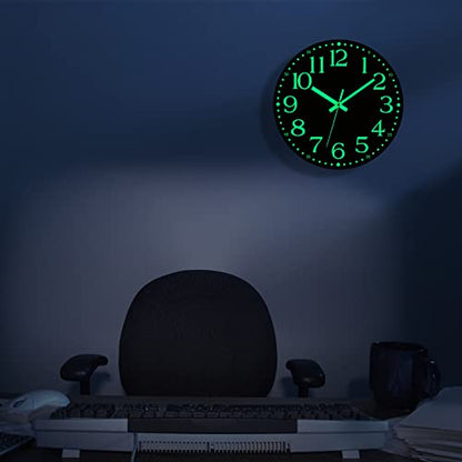 Wall Clock Glow in the Dark Clocks Battery Operated Silent 12 Inch | Black Wood Wall Clock Non-Ticking Analog Luminous Clock for Living Room Bedroom Office Kitchen Classroom Bathroom