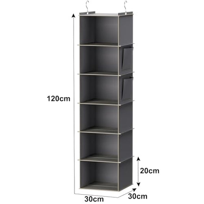 YOUDENOVA Hanging Closet Organizer and Storage, 6-Shelf, Grey | Dorm Room Essentials for Guys, Clothes Organizer with 2 Side Pockets, Hanging Shelves for Closet Storage, Breathable Fabric