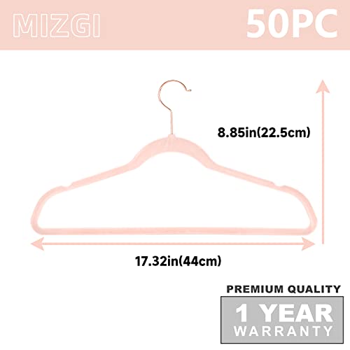 MIZGI Velvet Hangers 50 Pack Non Slip Heavy Duty Blush Pink Rose Gold Hooks | Felt Hangers | Slim Space Saving | 360° Swivel Hook | Closet Organization | Suits, Coats, Dresses | Dorm Essentials