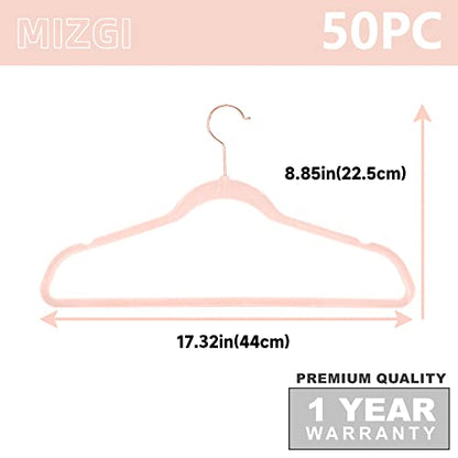 MIZGI Velvet Hangers 50 Pack Non Slip Heavy Duty Blush Pink Rose Gold Hooks | Felt Hangers | Slim Space Saving | 360° Swivel Hook | Closet Organization | Suits, Coats, Dresses | Dorm Essentials