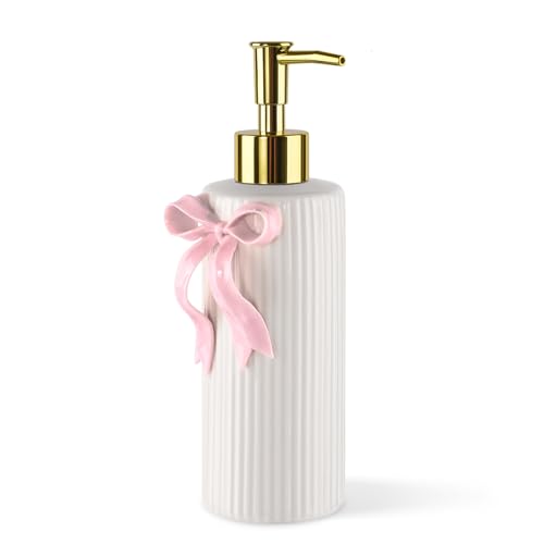 Handmade Ceramic Bow Soap Pump Dispenser Hand Lotion Liquid Dispenser Refillable for Kitchen and Bathroom Decorative (Ribbon Pink)
