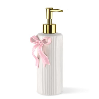 Handmade Ceramic Bow Soap Pump Dispenser Hand Lotion Liquid Dispenser Refillable for Kitchen and Bathroom Decorative (Ribbon Pink)