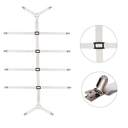 Bed Sheet Straps Adjustable Crisscross Sheet Clips Suspenders to Keep Your Bed Tidy (White)