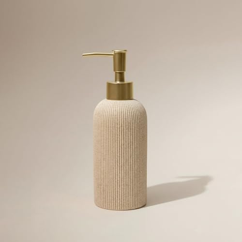Sand Beige Hand Soap Dispenser with Matte Gold Pump, 7 oz | Luxury Farmhouse Boho Zen Style, Sandstone Finish, Lotion & Dish Soap Dispenser for Bathroom and Kitchen