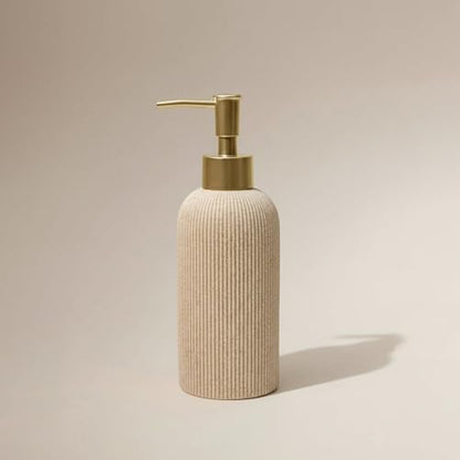 Sand Beige Hand Soap Dispenser with Matte Gold Pump, 7 oz | Luxury Farmhouse Boho Zen Style, Sandstone Finish, Lotion & Dish Soap Dispenser for Bathroom and Kitchen