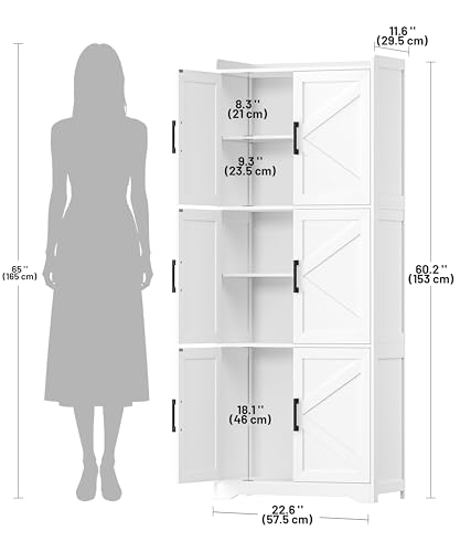 Tall Bathroom Floor Cabinet with 6 Barn Door 60.2''H Pantry White | 11.6''D x 22.6''W Linen Storage Cabinet with Adjustable Shelves, for Kitchen, Living Room, Entryway