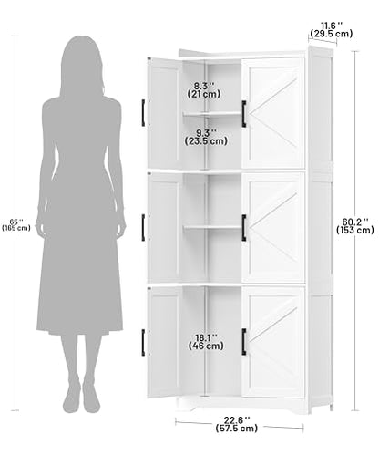 Tall Bathroom Floor Cabinet with 6 Barn Door 60.2''H Pantry White | 11.6''D x 22.6''W Linen Storage Cabinet with Adjustable Shelves, for Kitchen, Living Room, Entryway