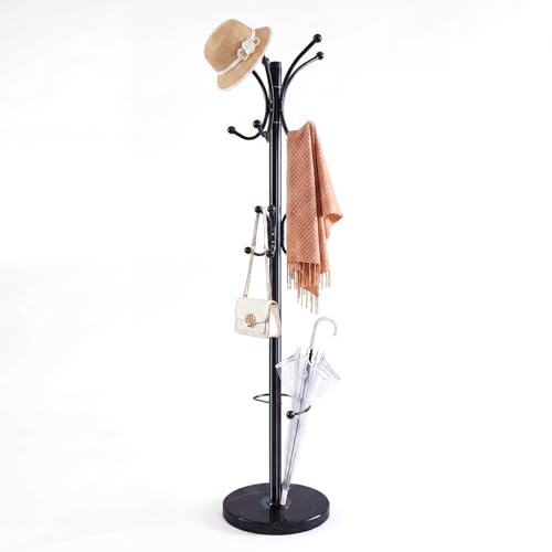 Marble Base Coat Rack Freestanding, 360° Rotary 16 Hooks Black | Heavy Duty Standing Coat Rack with Umbrella Holder, Larger 13.78" Base for Entryway Bedroom Office Living Room