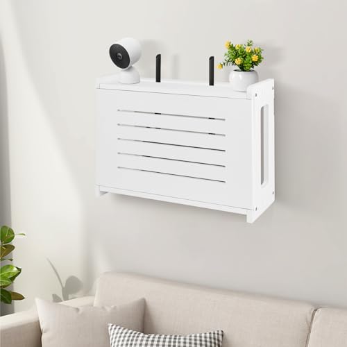 Router Shelf Wall Mount WiFi Router Storage Box Modem Cable Cover Organized Power Strip Cable Management Hider Rack By Solid Wood White