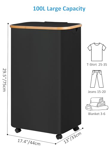 efluky Laundry Basket with Wheels, Tall Rolling Laundry Hamper with Lid and Removable Bag, Aesthetic Dirty Clothes Hamper on Wheels for Laundry Room, Bedroom, Dorm and Bathroom, 100L Black