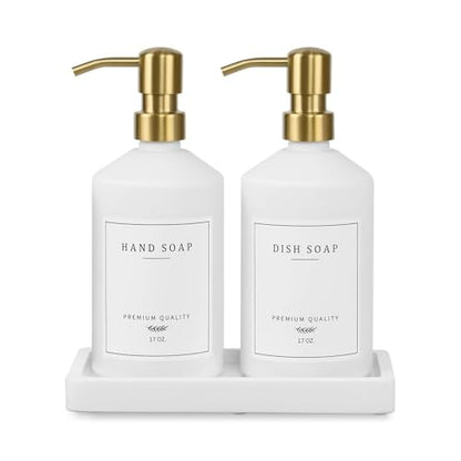 Gold Soap Dispenser Set, Glass Hand and Dish Soap Dispenser Set with Tray,Stainless Pump,14 Stickers for Kitchen,Bathroom Soap and Lotion Dispenser,Modern Counter Decor (White Bottle/Gold Pump)