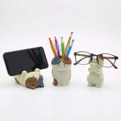 3 PS Cat Shaped Phone Holder and Eyeglass Frame with Pen Holder, Animal Resin Gift for cat Enthusiasts, Home and Office Fashion Accessories-White