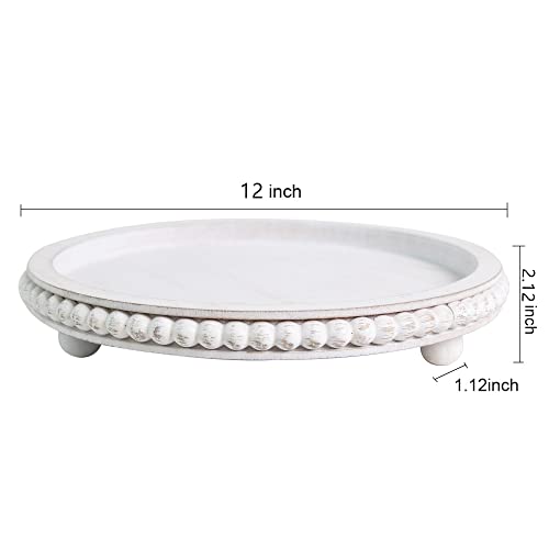 HPC Decor 12in Round Wood Tray - White, Distressed, Farmhouse Rustic - Decorative Tray for Living Room, Coffee Table, Kitchen Table or Farmhouse Serving Tray