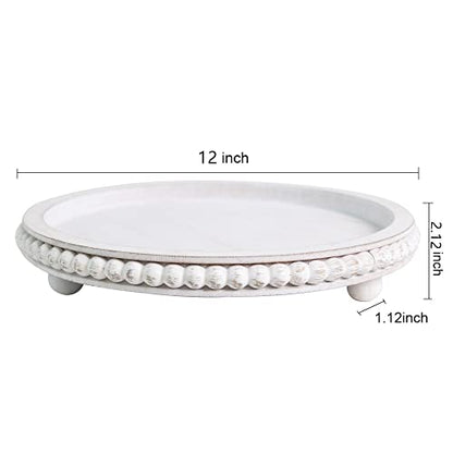 HPC Decor 12in Round Wood Tray - White, Distressed, Farmhouse Rustic - Decorative Tray for Living Room, Coffee Table, Kitchen Table or Farmhouse Serving Tray