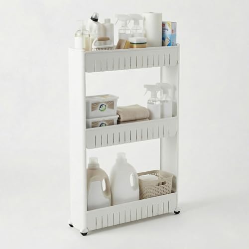 3 Tier Shelf Rolling Cart - Narrow-Space Kitchen o... (White)