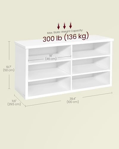 VASAGLE Shoe Bench, Storage Bench, 6 Compartments, Adjustable Shelves, for Living Room, Entryway, Dorm, 11.6 x 39.4 x 19.7 Inches, Cloud White ULSB036W01