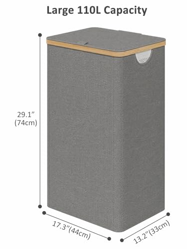 iEGrow Laundry Hamper with Lid, 110L Large Laundry Hamper with Handle and Lid, Collapsible Clothes Basket Organizer with Removable Inner Bag for Clothes Toys Towels - Grey