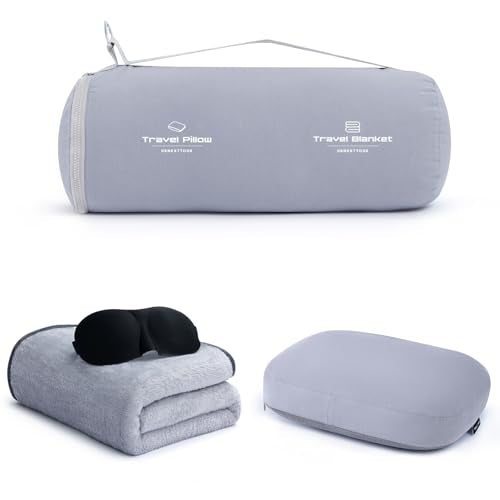 4-in-1 Travel Pillow & Blanket Set with Eye Mask, Memory Foam Neck Support, 50x65 Inch Blanket, Storage Bag for Airplane, Car, Train, Home Travel Grey