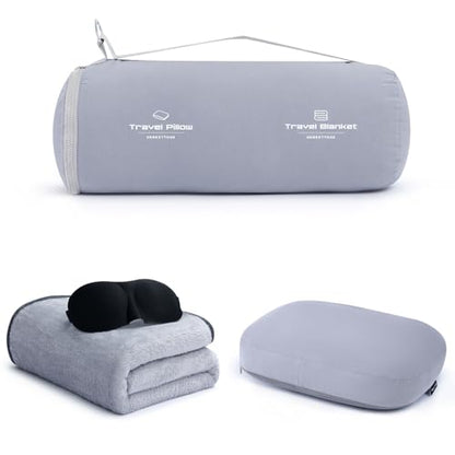 4-in-1 Travel Pillow & Blanket Set with Eye Mask, Memory Foam Neck Support, 50x65 Inch Blanket, Storage Bag for Airplane, Car, Train, Home Travel Grey