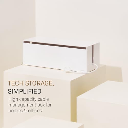 Yamazaki Home Cable Management Box – Cord Organizer Box with Lid, Minimalist Cable Storage for Office, ABS Plastic | Sleek cable storage container for office spaces. Removable lid prevents dust buildup. Helps keep everyday tech organized.