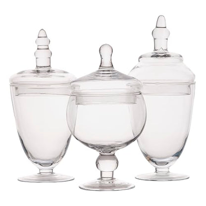 Elements Clear Glass Apothecary Jar Set of 3 with Lids - Decorative Glass Jars for Bathroom, Kitchen, Pantry Storage - Handcrafted, Graduated Heights 10, 9.5, 8.5 In