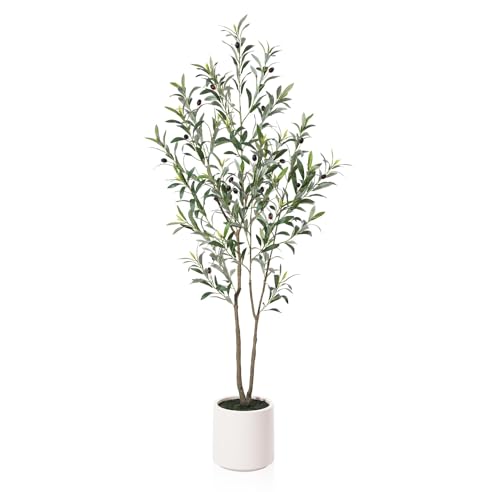 Artificial Olive Trees, 5 ft Tall Fake Olive Trees for Indoor | Faux Olive Silk Tree with White Planter,Large Olive Plants for Home Decor and Housewarming Gift, 1 Pack