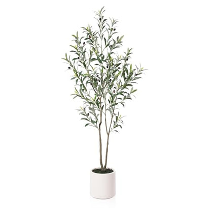 Artificial Olive Trees, 5 ft Tall Fake Olive Trees for Indoor | Faux Olive Silk Tree with White Planter,Large Olive Plants for Home Decor and Housewarming Gift, 1 Pack