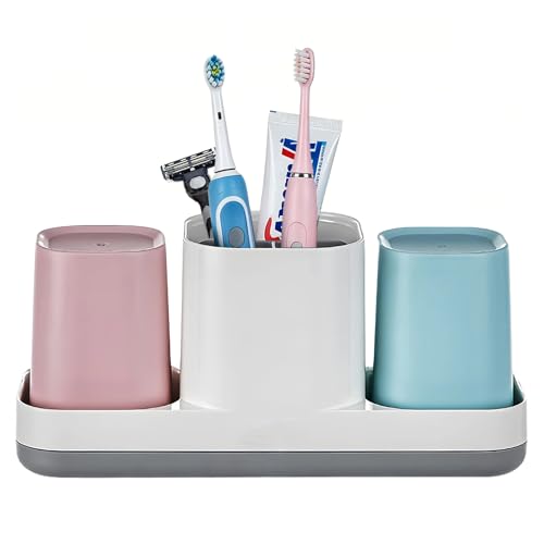 Toothbrush Holder for Bathroom, Kids Toothbrush Holder with Cups, Electric Toothbrush Holder for Bathroom Decor, Kids Bathroom Accessories Set with Toothpaste Holder, Pink & Blue