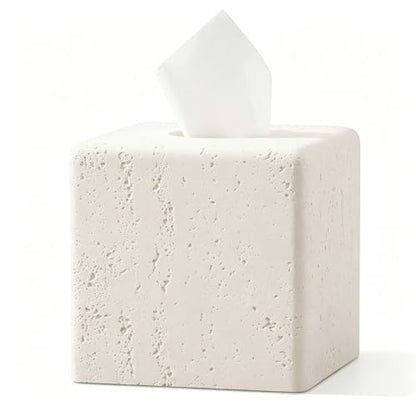 Tissue Box Cover Square, Modern Facial Tissue Holder,Cream | Luxurious Travertine Stone Look, Decorative Toilet Paper Dispenser, For Home Decor Bedroom Living Room Office Hotel Cafe Bar