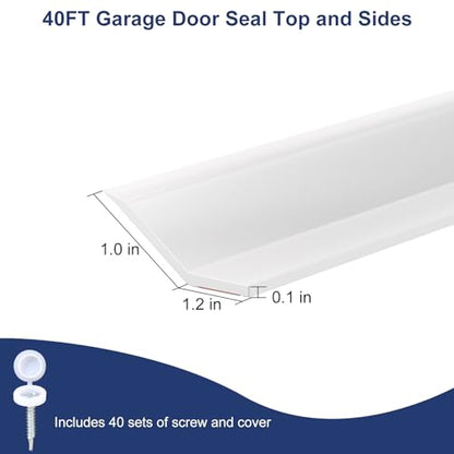Garage Door Seal Top and Sides, 40 FT Garage Door Weather Stripping Side Seal, Universal Weatherproofing TPE Trim Seals Weather Strip White