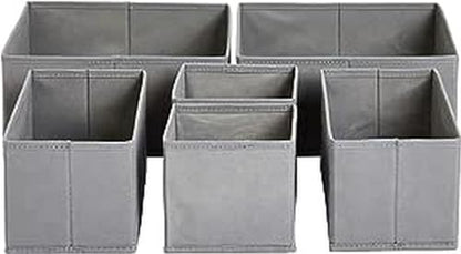 Amazon Basics Collapsible Cloth Drawer Organizer Boxes for Socks, Underwear and Baby Clothes, Storage Bins, Gray, Set of 6