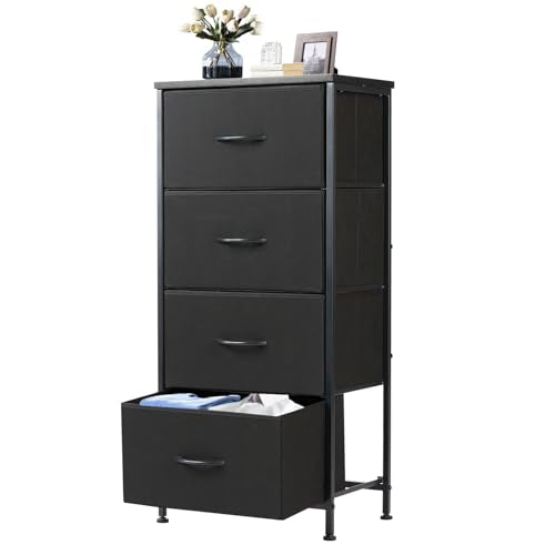 DUMOS Nightstand, Bedside Table with 4 Fabric Drawers | Night Stand with Removable Bins, Steel Frame Wood Top, Small Dresser for Bedroom Closet