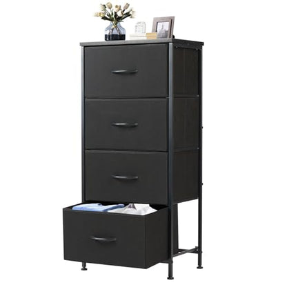 DUMOS Nightstand, Bedside Table with 4 Fabric Drawers | Night Stand with Removable Bins, Steel Frame Wood Top, Small Dresser for Bedroom Closet