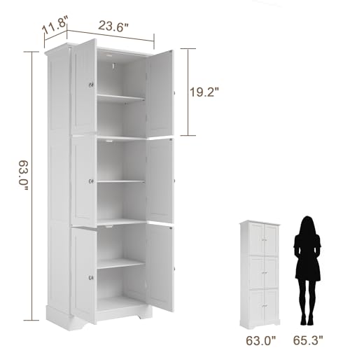 ChooChoo 63.2" Tall Bathroom Storage Cabinet with 6 Doors | Freestanding Floor Cabinet, Adjustable Shelves, Pantry Cabinet for Bathroom, Kitchen, Laundry Room, White