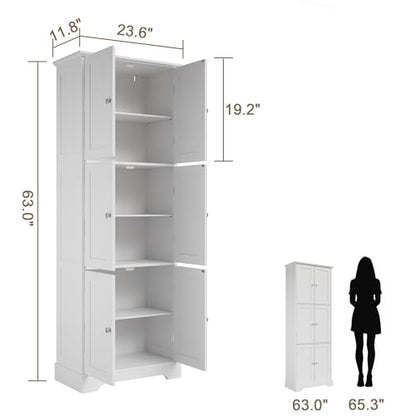 ChooChoo 63.2" Tall Bathroom Storage Cabinet with 6 Doors | Freestanding Floor Cabinet, Adjustable Shelves, Pantry Cabinet for Bathroom, Kitchen, Laundry Room, White