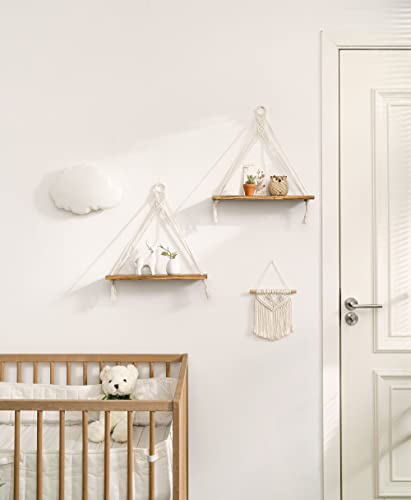 Mkono Macrame Hanging Shelves Boho Wall Decor Set of 2 Floating Wood Shelf | Cute Room Decor for Teen Girls Display Storage Shelves for Hanging Plant Photos Fit Bedroom Bathroom Living Room Nursery Dorm