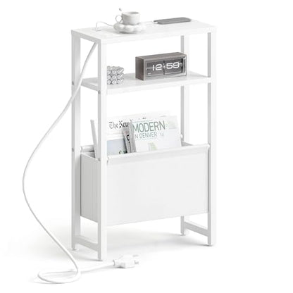 Narrow Side Table with Charging Station Slim End Table Sofa with Magazine Rack, Bedside Table for Small Spaces, 3 Tier Nightstand for Living Room Couch, Bedroom White LET503WE