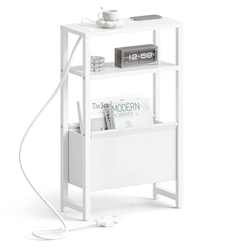 Narrow Side Table with Charging Station Slim End T... (White)