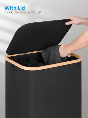 efluky Laundry Basket with Wheels, Tall Rolling Laundry Hamper with Lid and Removable Bag, Aesthetic Dirty Clothes Hamper on Wheels for Laundry Room, Bedroom, Dorm and Bathroom, 100L Black