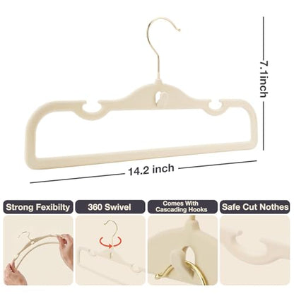 Velvet Pants Hangers 20 Pack Velvet Hangers,Pant Hangers,Non Slip Fabric with Stackable Cascading Hook,Suit for Pants,Jeans,Scarf,Towels,Tank Top,Coat（Beige）