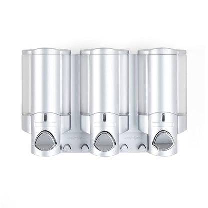 Better Living Aviva Wall Mount Shower Dispenser, 3 x 11 oz, Satin Silver | 3 Chamber, Shower Dispenser for Bathroom, Built-in Hooks, No Drill, Waterproof Dispenser Pump