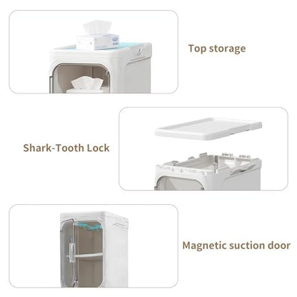 2-Tier Narrow Storage Cabinet Slim Bathroom Skinny Organizer with Wheels | Slim Storage Cabinet with Lockable Rolling Wheels Adjustable Detachable Shelves Snap Assembly for Small Spaces,Snow White